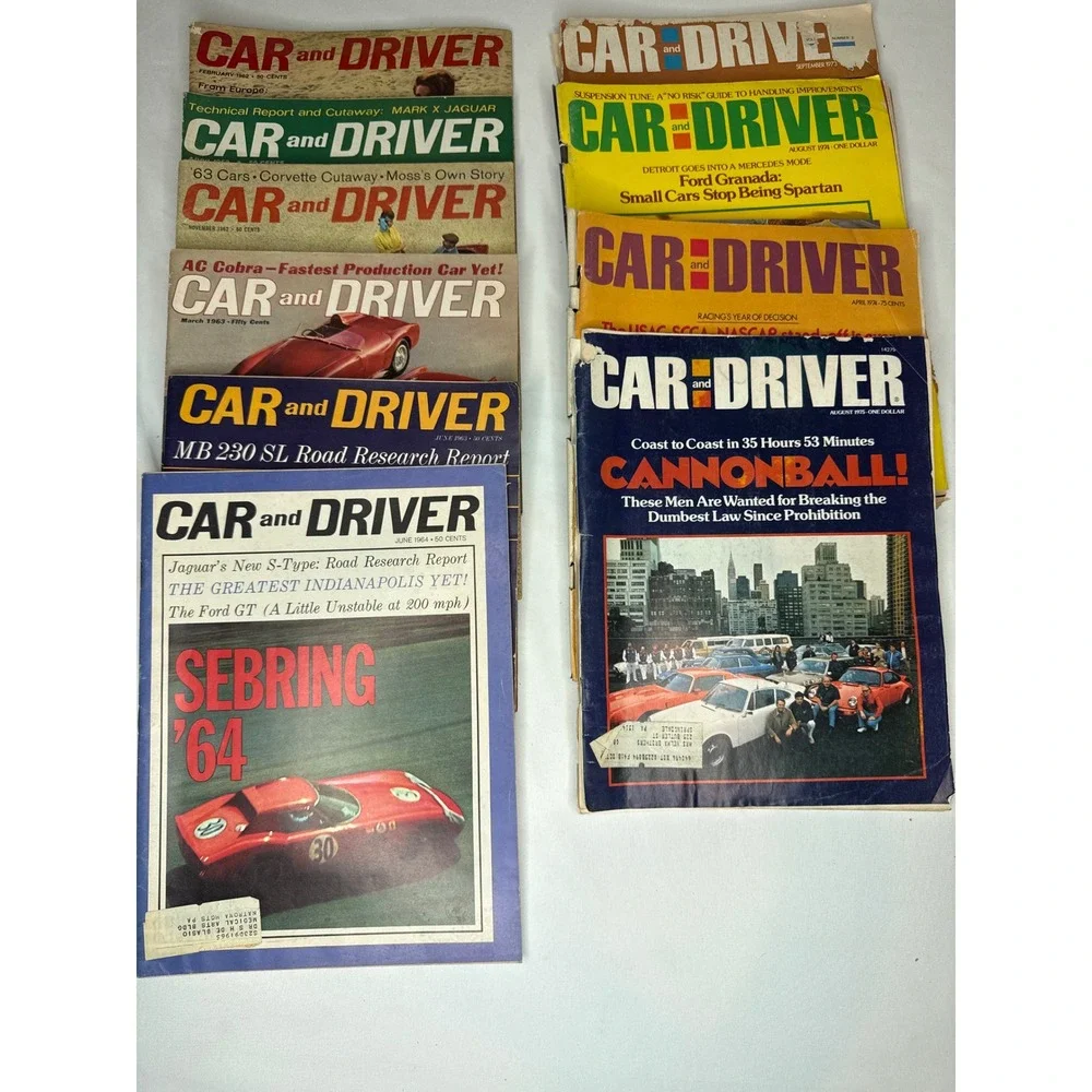 Vintage Car and Driver Magazine Lot 10 Issues 1960s-70s Cannonball Mustang Cobra